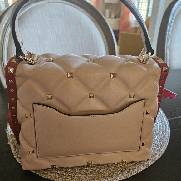 Top Handle Studded Stud Structured Handbag Bag Pink Red Two Tone - Picture 15 of 16